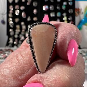 Pink opal pear silver plated gemstone ring. Stamped 925 size 8 hand made